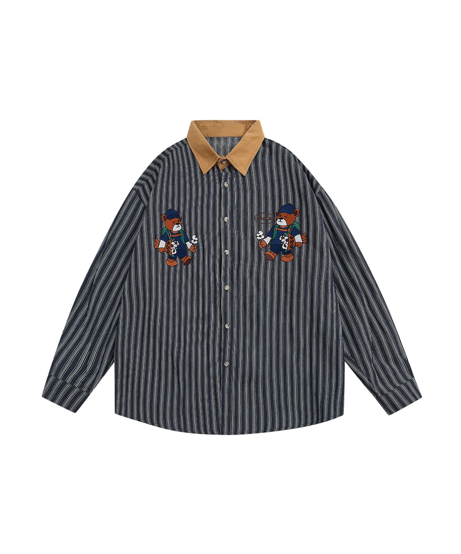 【HOOK】レトロ調ベア刺繍ストライプ長袖シャツ[品番