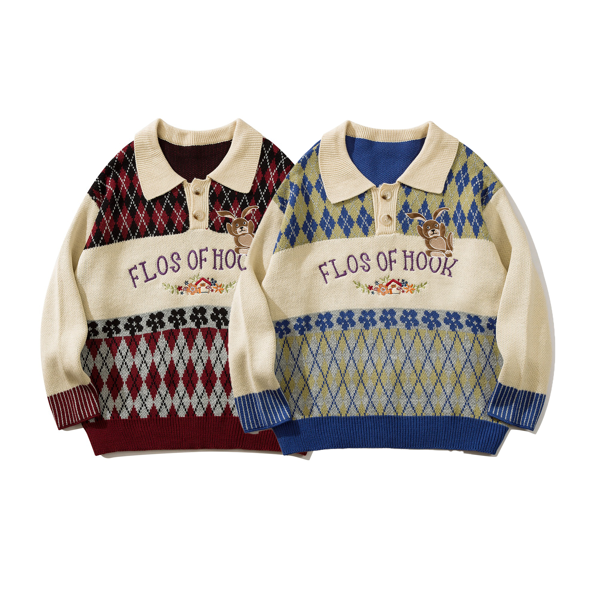 90'sクイックシルバー アーガイル柄 刺繍 ニットセーター