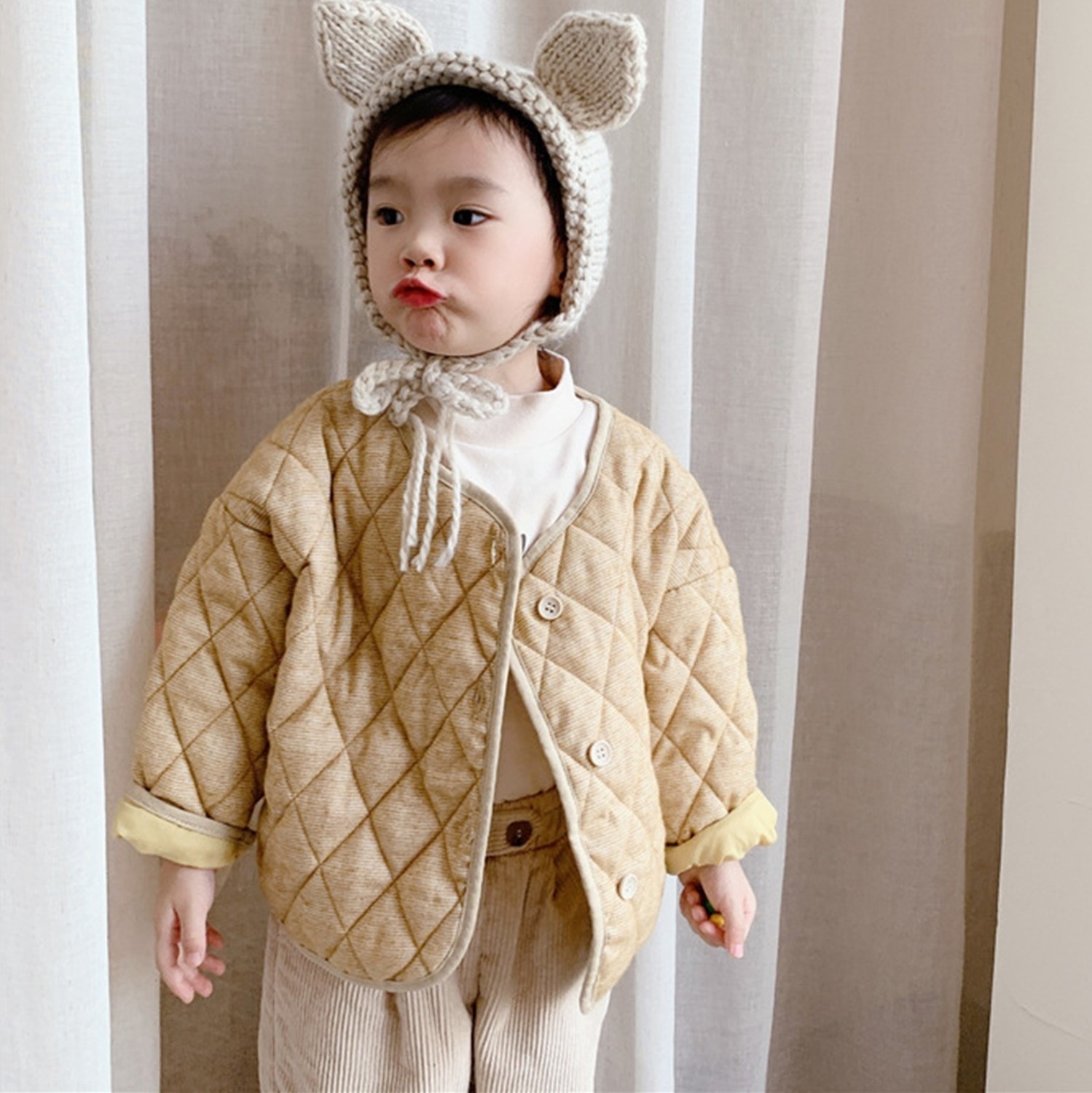 韓国子供服 パイピング中綿キルティングジャケット コート[品番