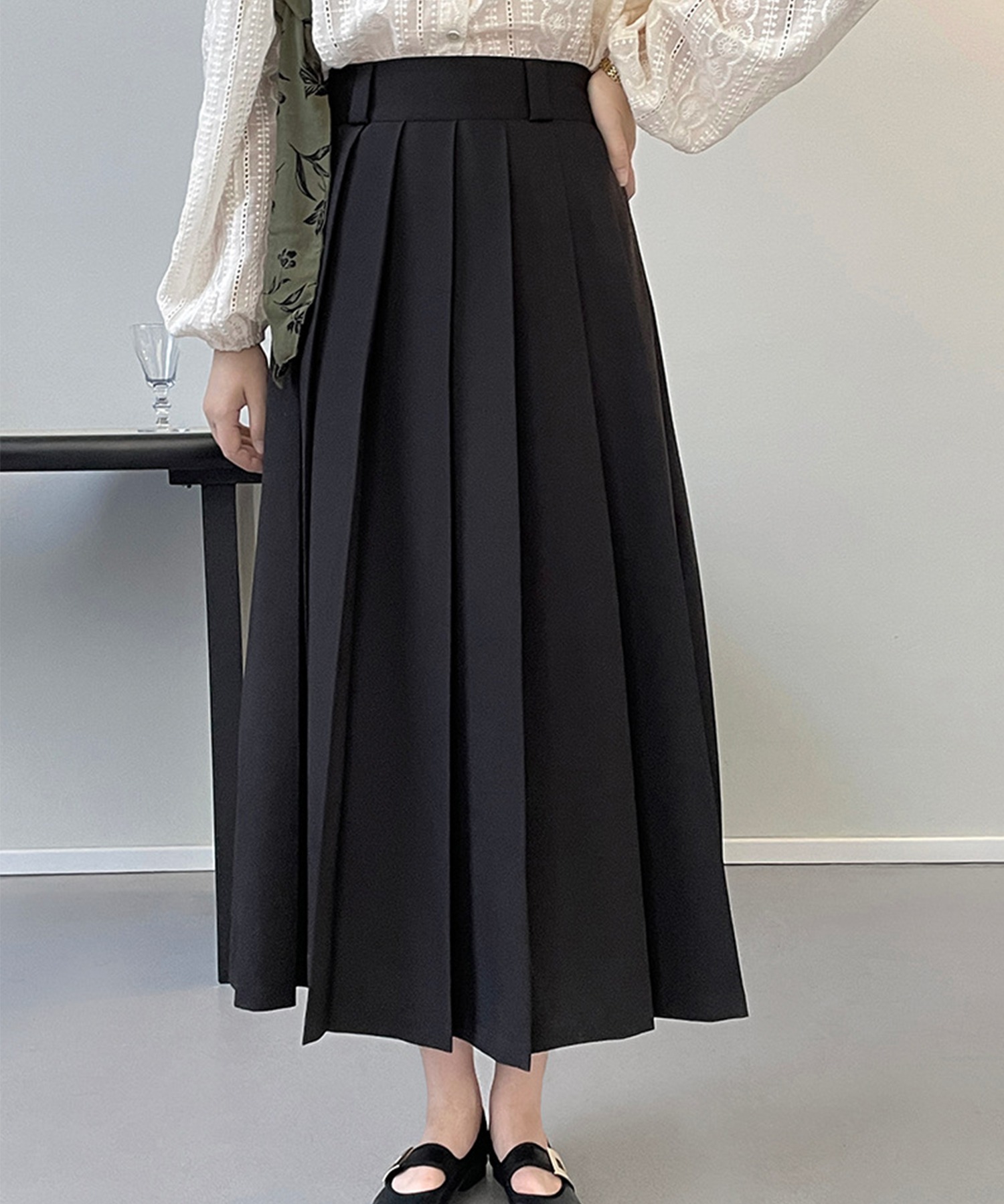 ハイウエストプリーツスカート 韓国ファッション ロングスカート