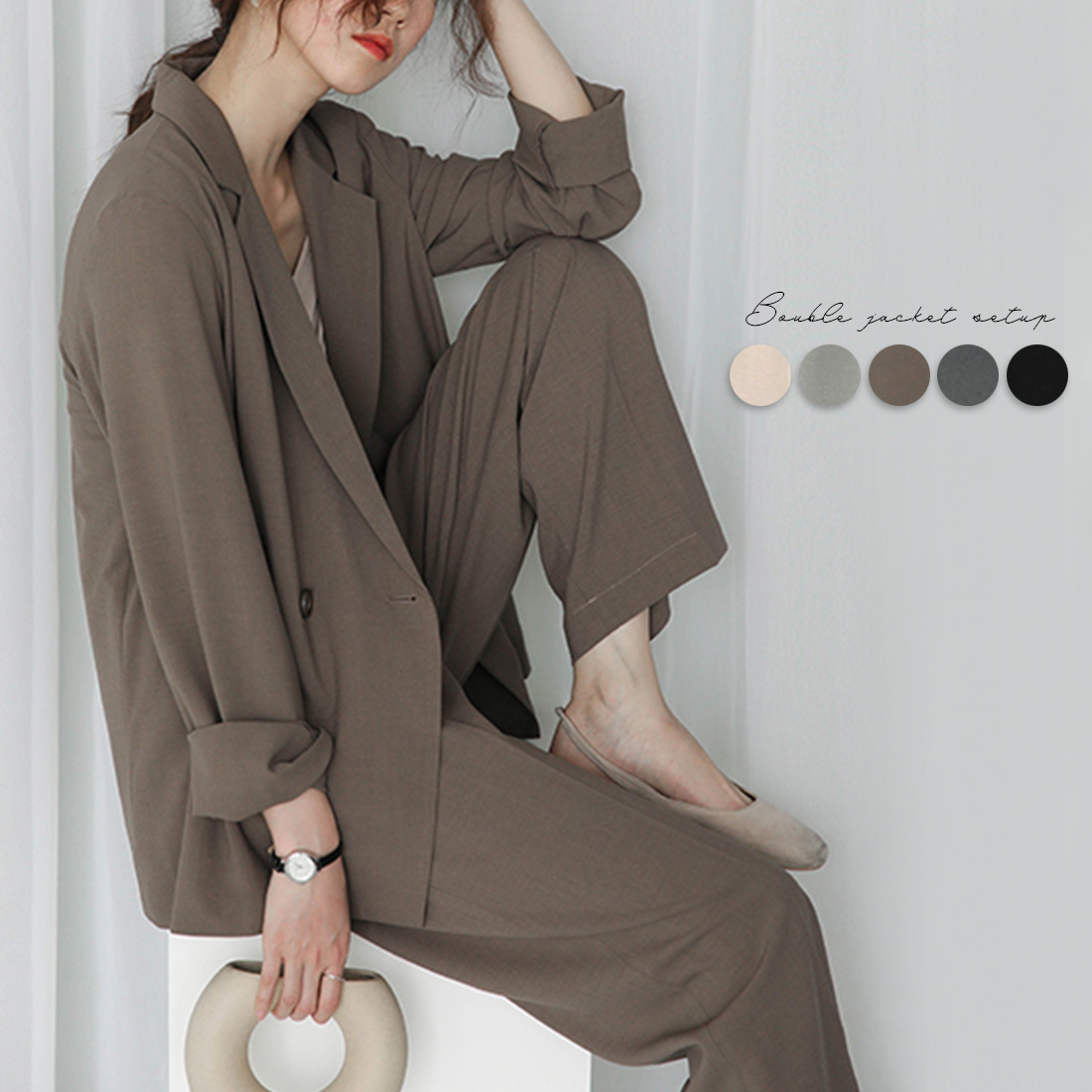 グレー】2つボタンダブルジャケットセットアップ 韓国ファッション 