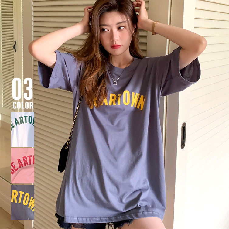 【ブルーグレー】半袖Tシャツ レディース 韓国 英字ロゴ[品番