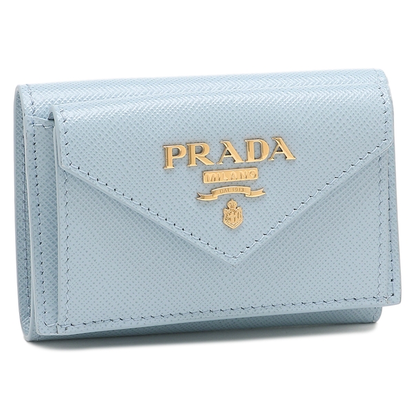 箱付 PRADA プラダ1MH021 3つ折り財布 コンパクトウォレット 青