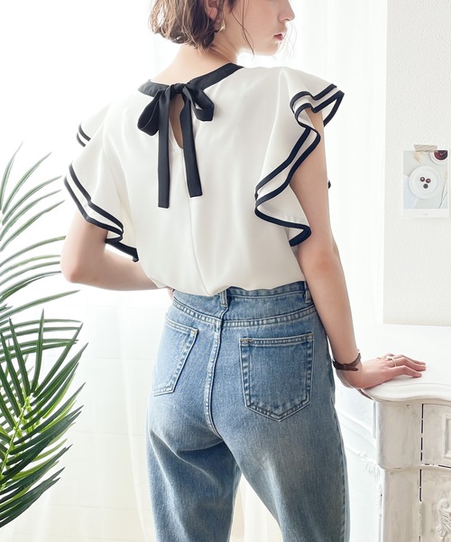 華奢魅せ♪甘すぎないパイピング配色バックリボンラッフル袖ブラウス[品番：WZ000004221]｜Classical Elf （クラシカルエルフ ）のレディースファッション通販｜SHOPLIST（ショップリスト）