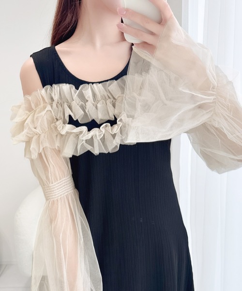 ふんわり優雅な大人スタイル。チュールフリル使いリブワンピース[品番  