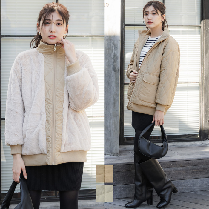 Beige］】2WAYボアリバーシブルキルトジャケット[品番：PA000015159