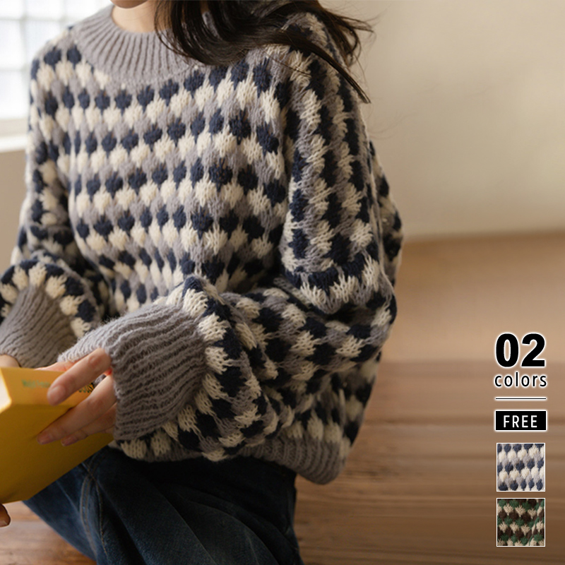 柄ニット　総柄　セーター　デザイン　カーディガン　レトロ　　くすみカラー
