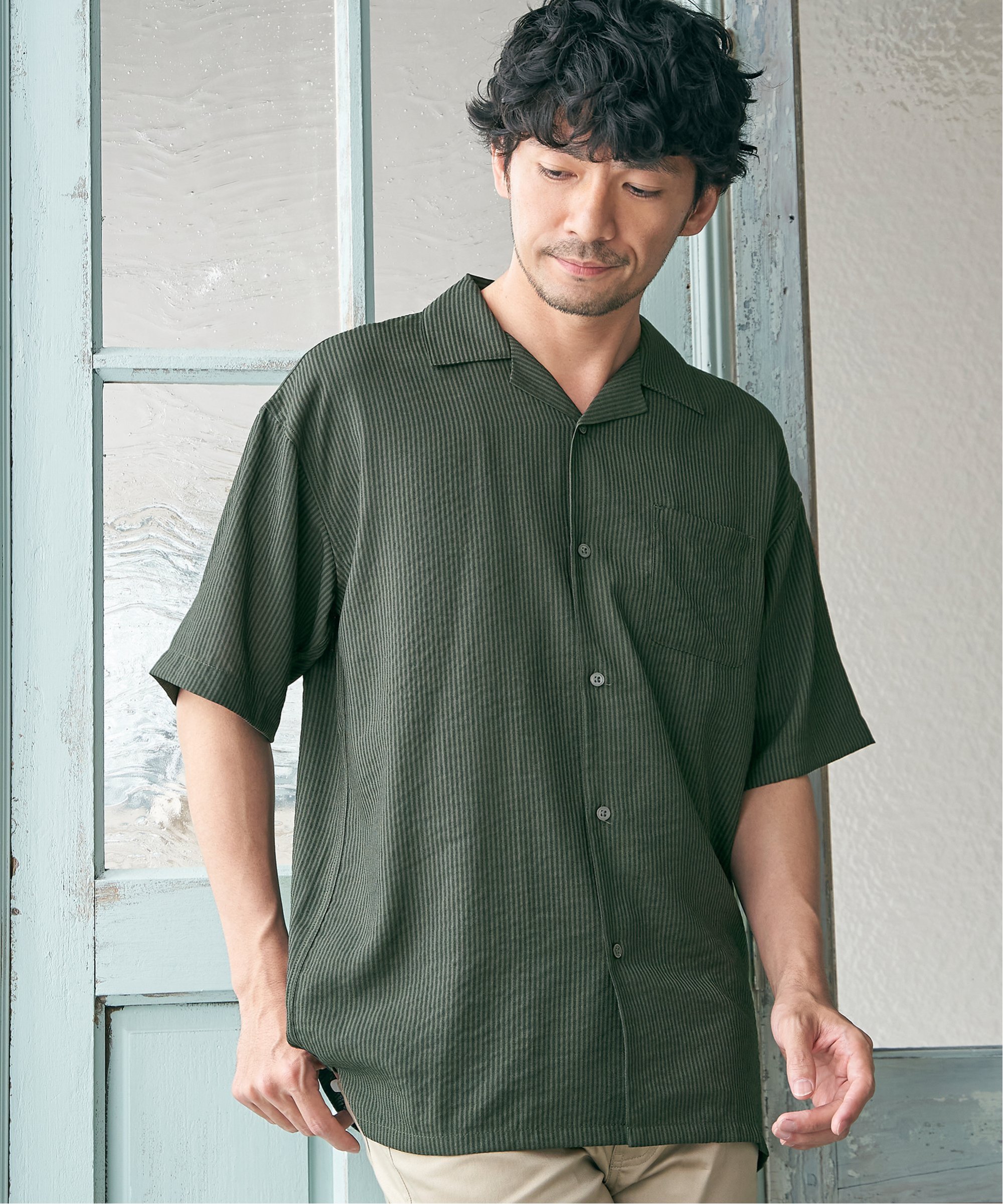 シャドーストライプオープンカラーシャツ[品番：IKAW0020536]｜ikka 