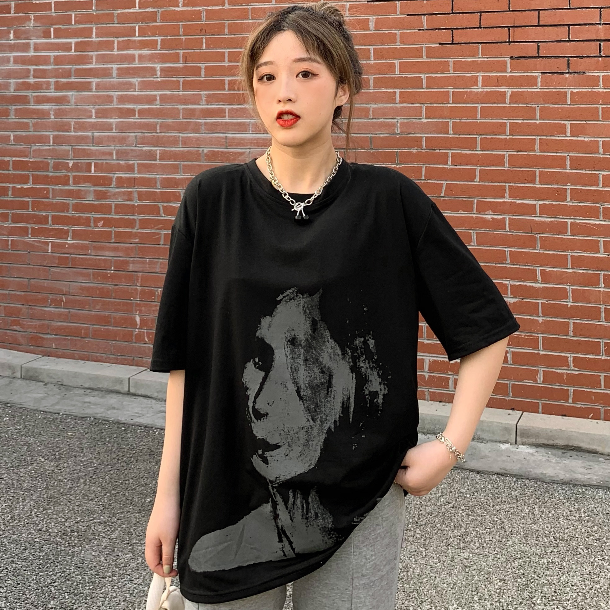 顔プリント半袖Tシャツカットソー 春夏 韓国ファッション[品番