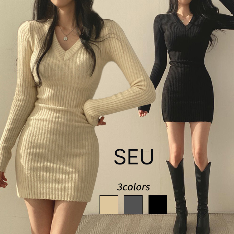 Vネックリブニットミニワンピース【SHOPLIST限定 新作 春 秋 冬】[品番：DSSW0004942]｜SEU（エスイイユウ）のレディース ファッション通販｜SHOPLIST（ショップリスト）