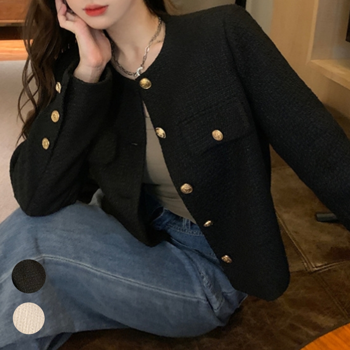 ゴールドボタン 韓国ファッション 秋服 ノーカラー ツイードジャケット