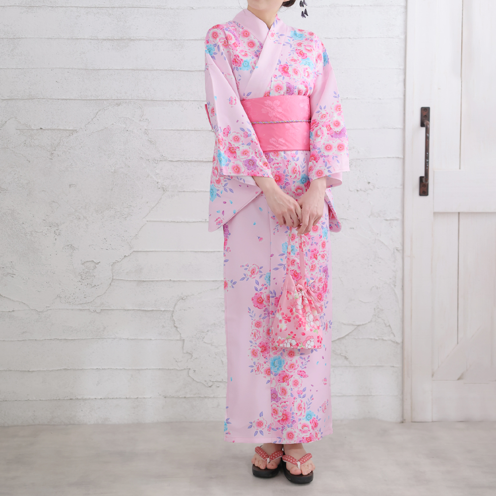 人気定番 品 浴衣 桜柄 ホワイト×ピンク 作り帯付き のみ レディース