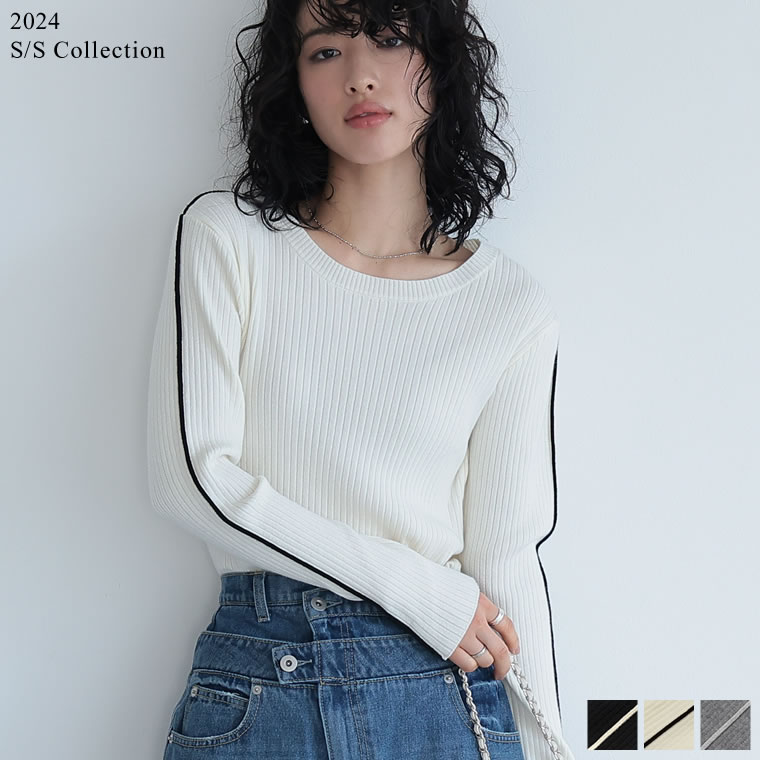 2024SS COLLECTION]配色ラインクルーネックリブニットトップス[品番