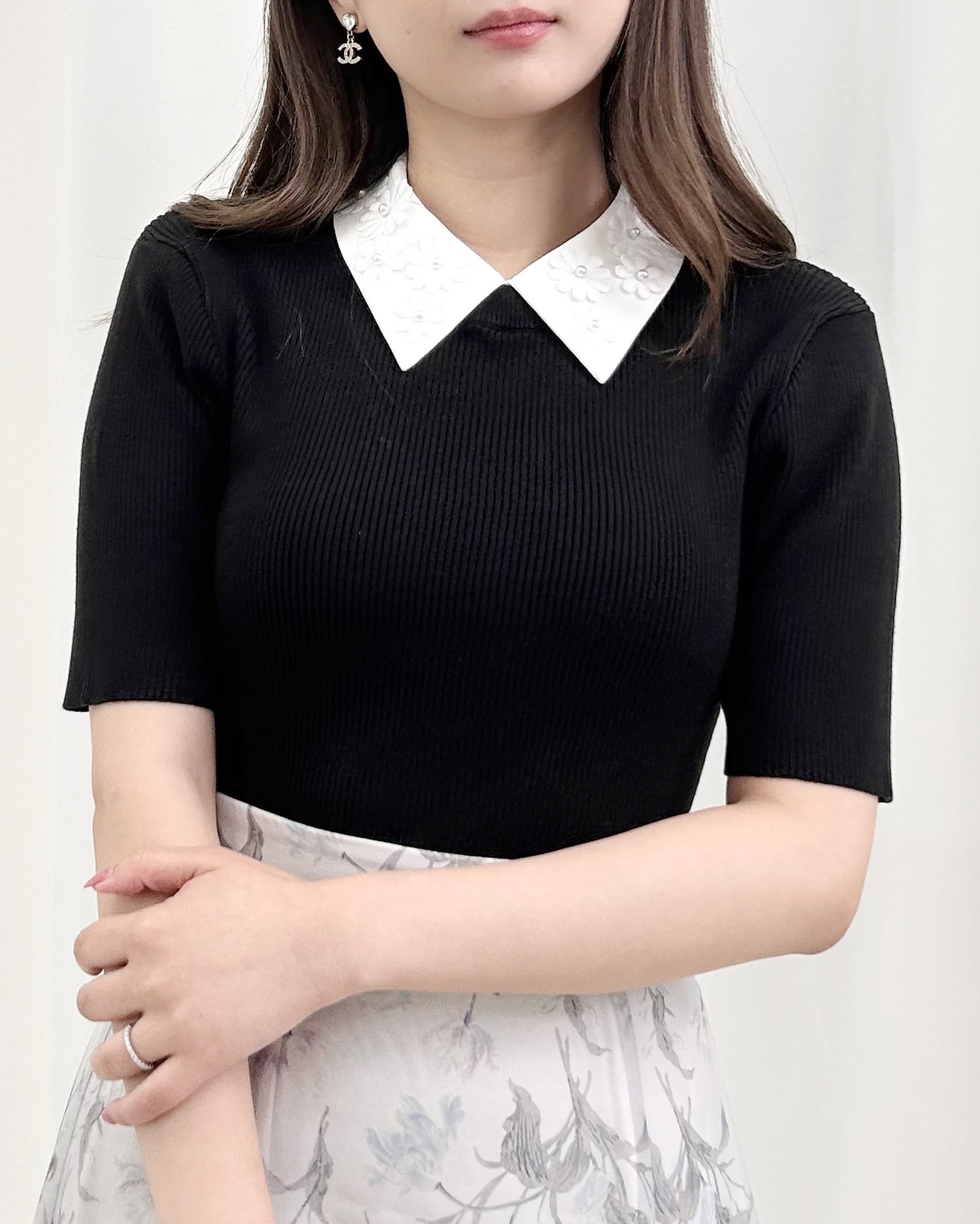 12G花柄装飾衿付き半袖ニット[品番：INGW0009377]｜INGNI （イング）の