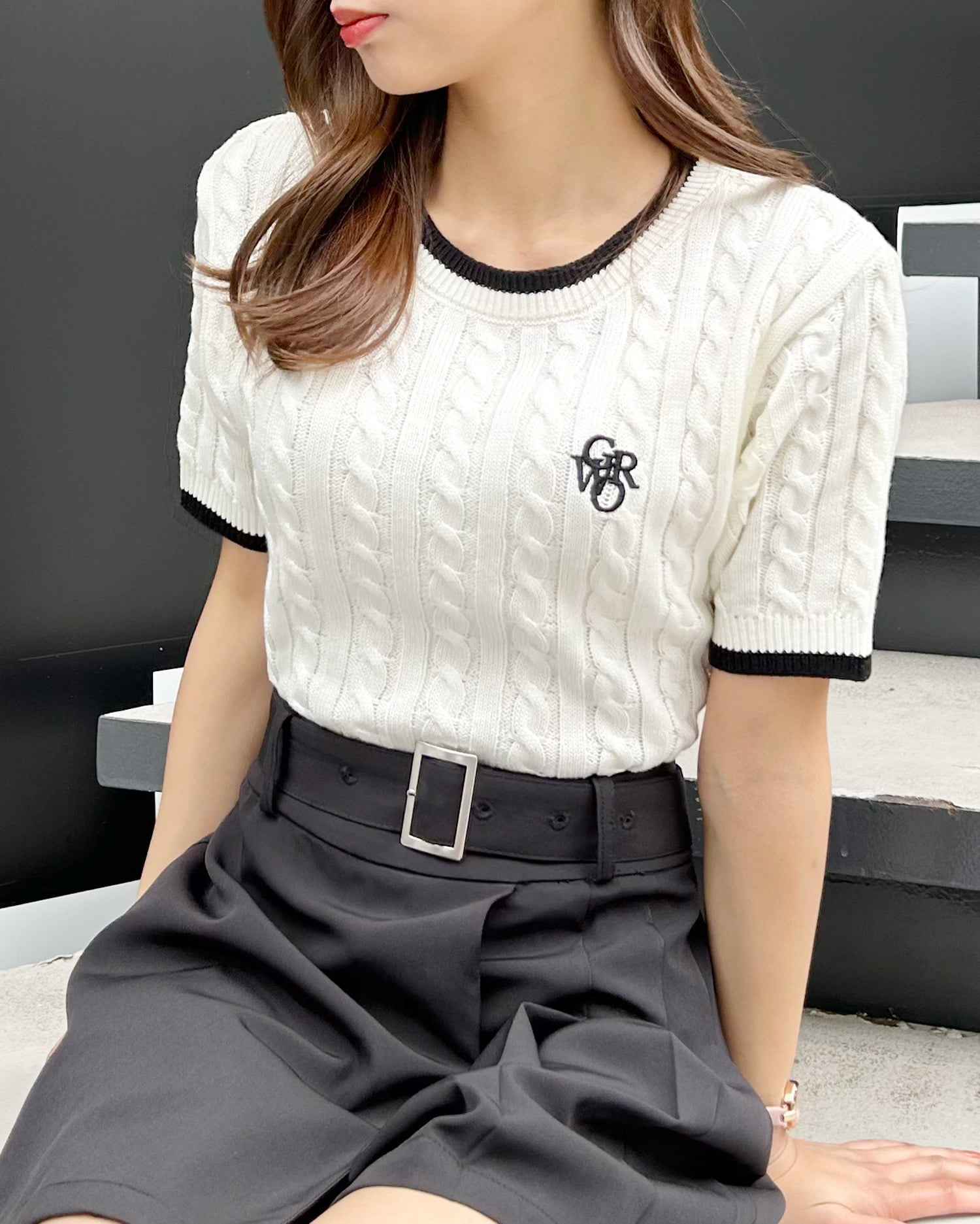 7G配色胸刺繍ケーブル半袖ニット[品番：INGW0009393]｜INGNI （イング