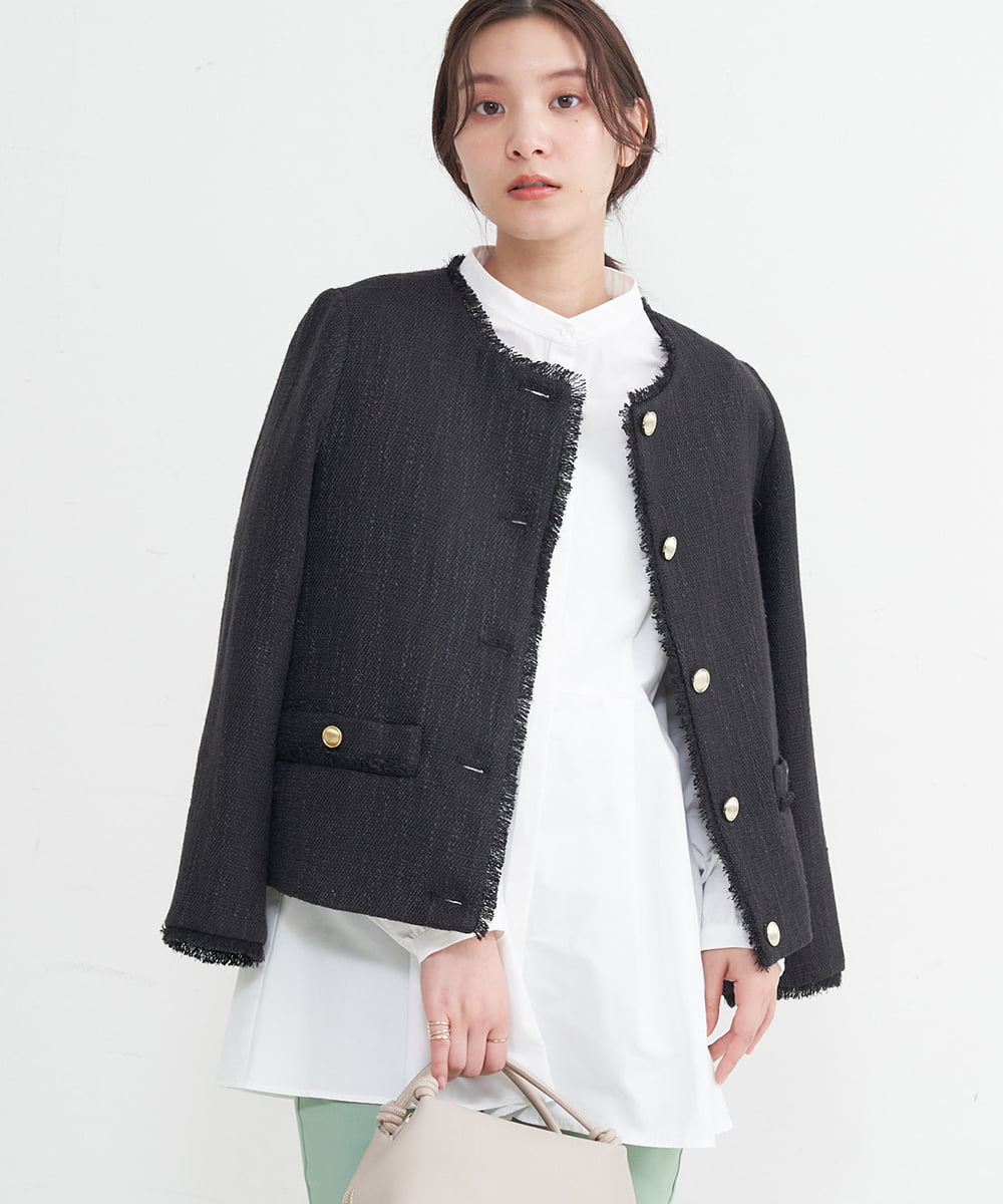 【新品未使用】定価¥41,910ノーカラー ツイードジャケット コート ブラック