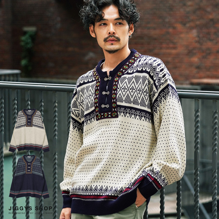 ◇ノルディックジャガードキーネックニット◇[品番：JG000013592]｜JIGGYS  SHOP（ジギーズショップ）のメンズファッション通販｜SHOPLIST（ショップリスト）