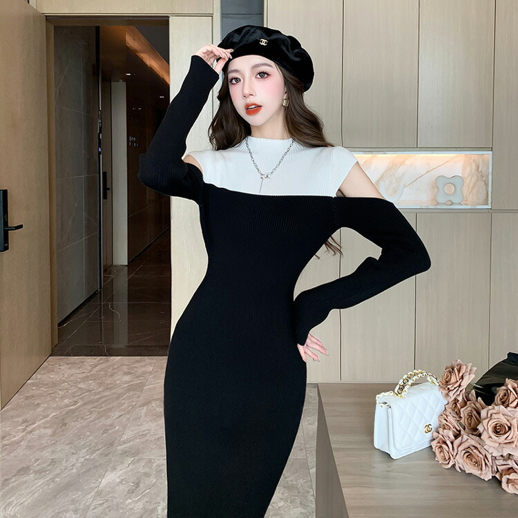 バイカラー ニットワンピース オープンショルダー[品番：JSFW0012336]｜JS  FASHION（ジェーエスファッション）のレディースファッション通販｜SHOPLIST（ショップリスト）