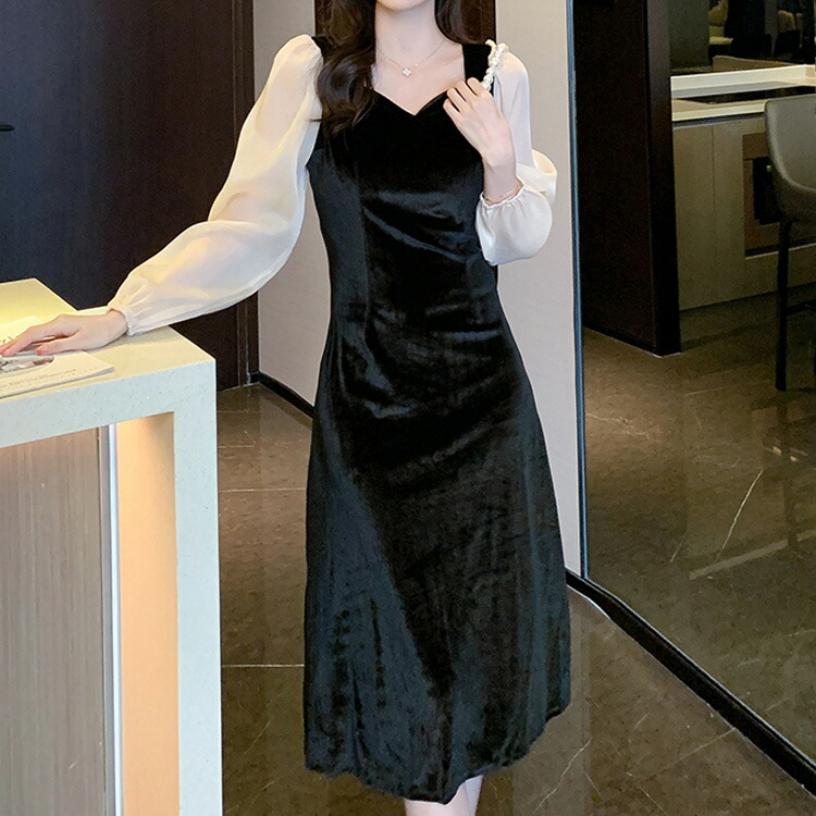 ベロアワンピース バイカラー シースルー袖[品番：JSFW0012676]｜JS  FASHION（ジェーエスファッション）のレディースファッション通販｜SHOPLIST（ショップリスト）