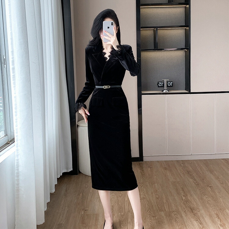 ベロアワンピース ベルト付き レース切替[品番：JSFW0014378]｜JS  FASHION（ジェーエスファッション）のレディースファッション通販｜SHOPLIST（ショップリスト）