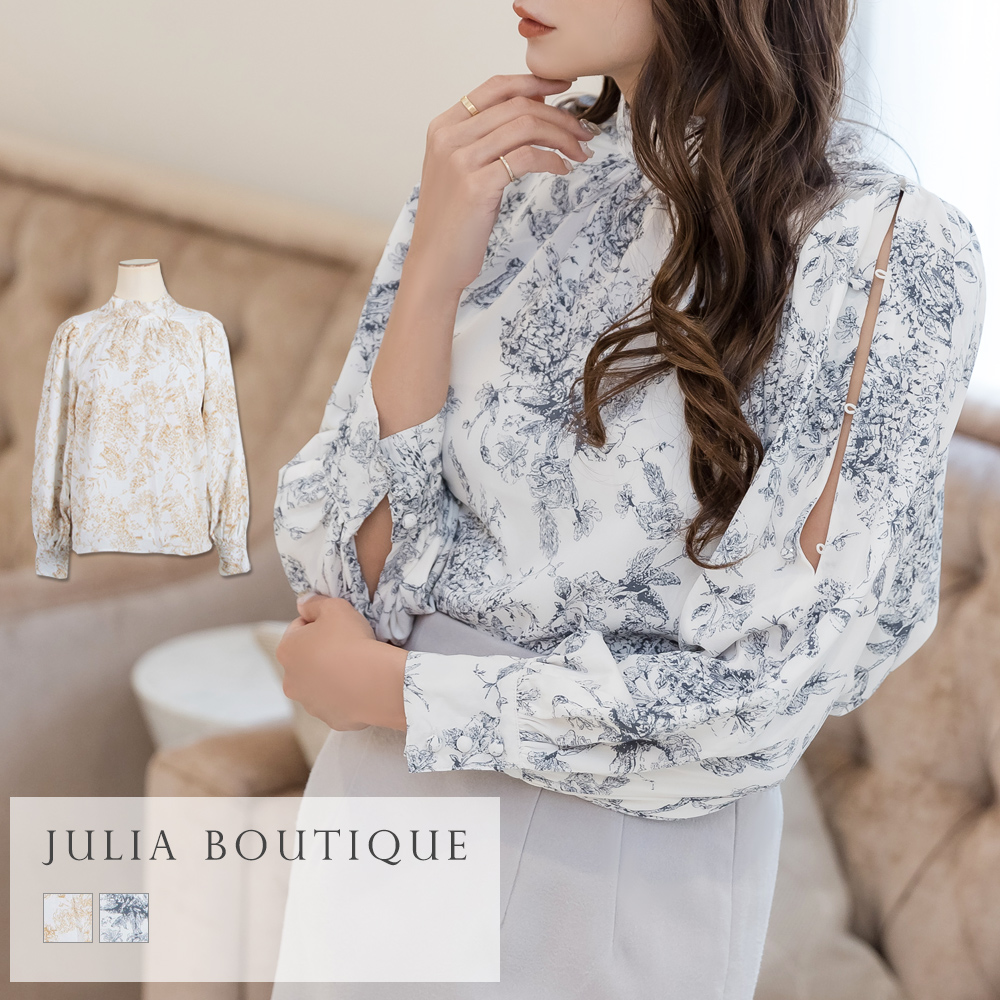 【公式】JULIA BOUTIQUE トワルドジュイ柄肩スリットブラウス [22527 トップス シャツ レディース 花柄 総柄 長袖 スタンドカラー 肩あき] 通販 服 【グレーブルー】 SHOPLIST/ショップリスト