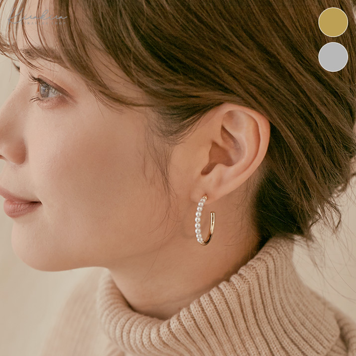 パール×メタルフープピアス 小物 韓国アクセサリー[品番