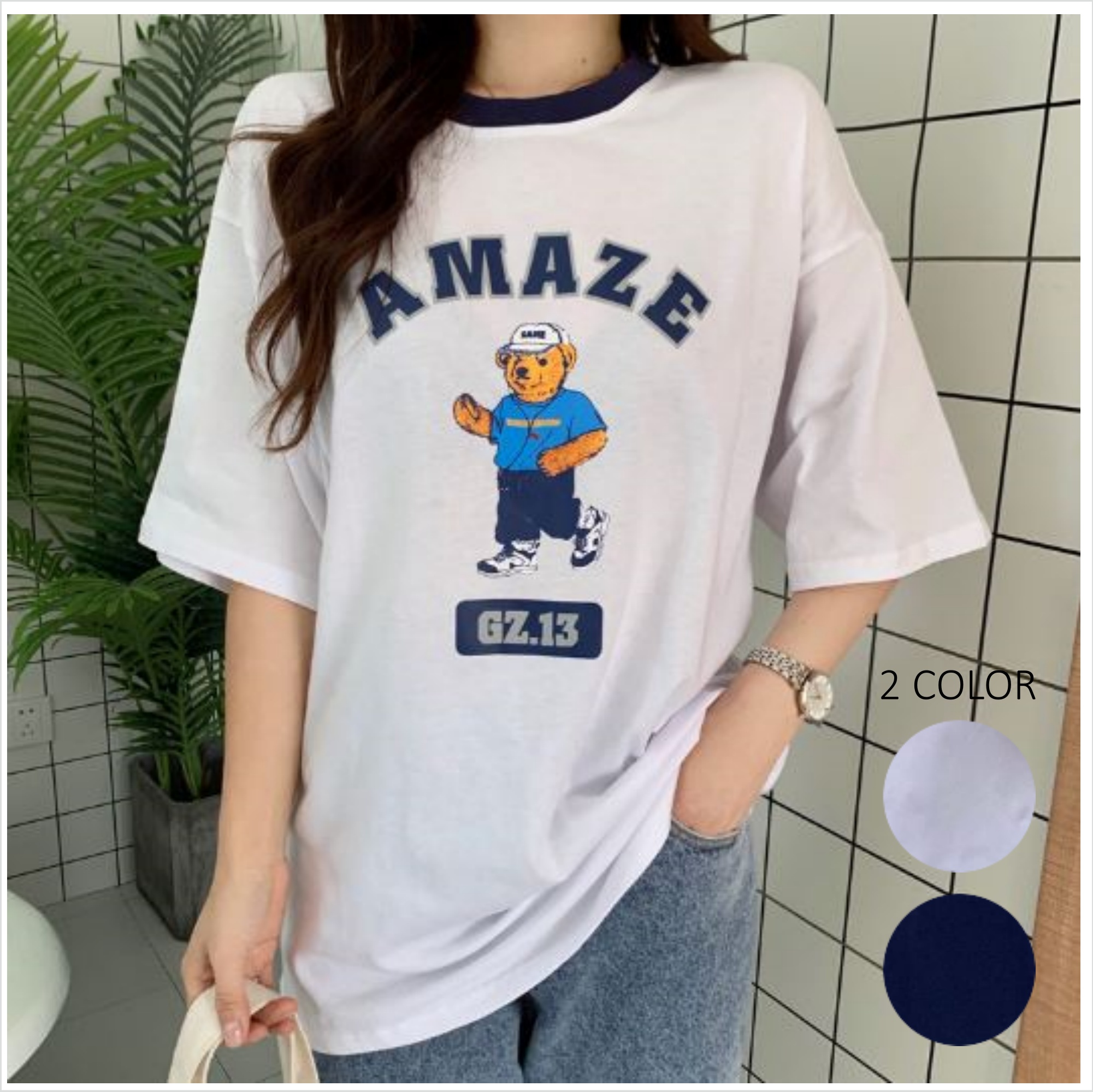 べアプリントビックシルエットTシャツ くまちゃん 韓国系[品番