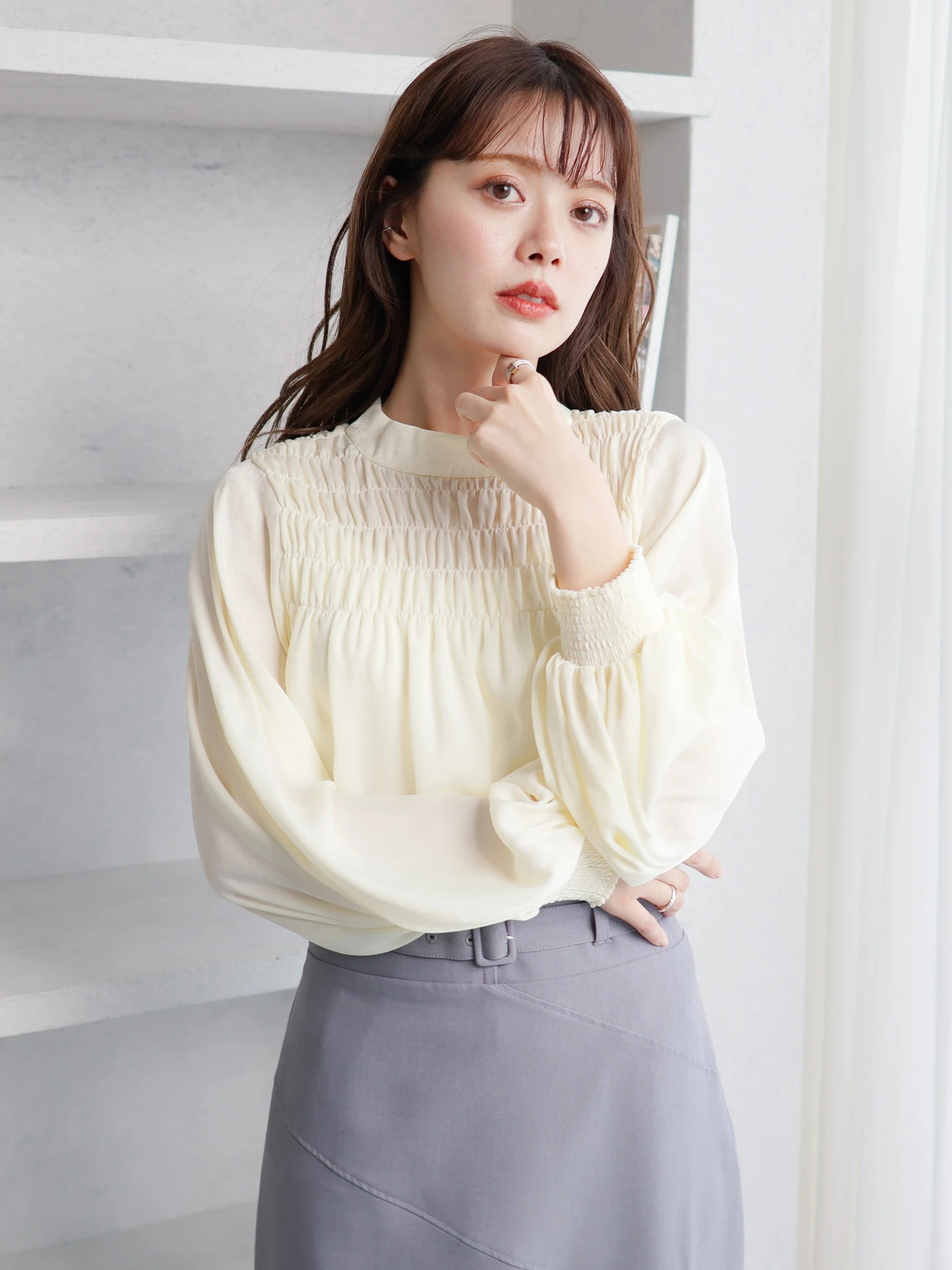 シャーリング2WAYボウタイブラウス[品番：LINW0001648]｜LADYMADE 
