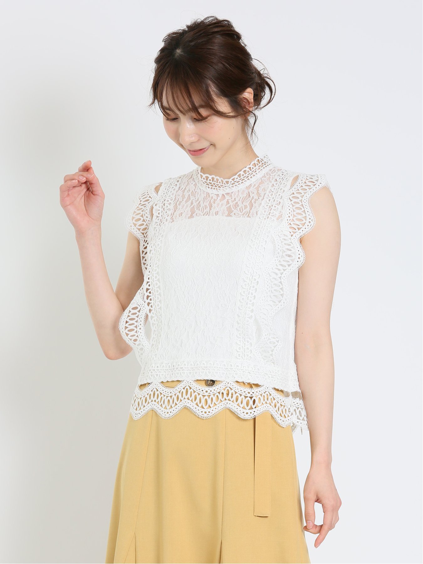 mysty woman／ハイネックレースプルオーバー（オフ）(F）☆新品☆-