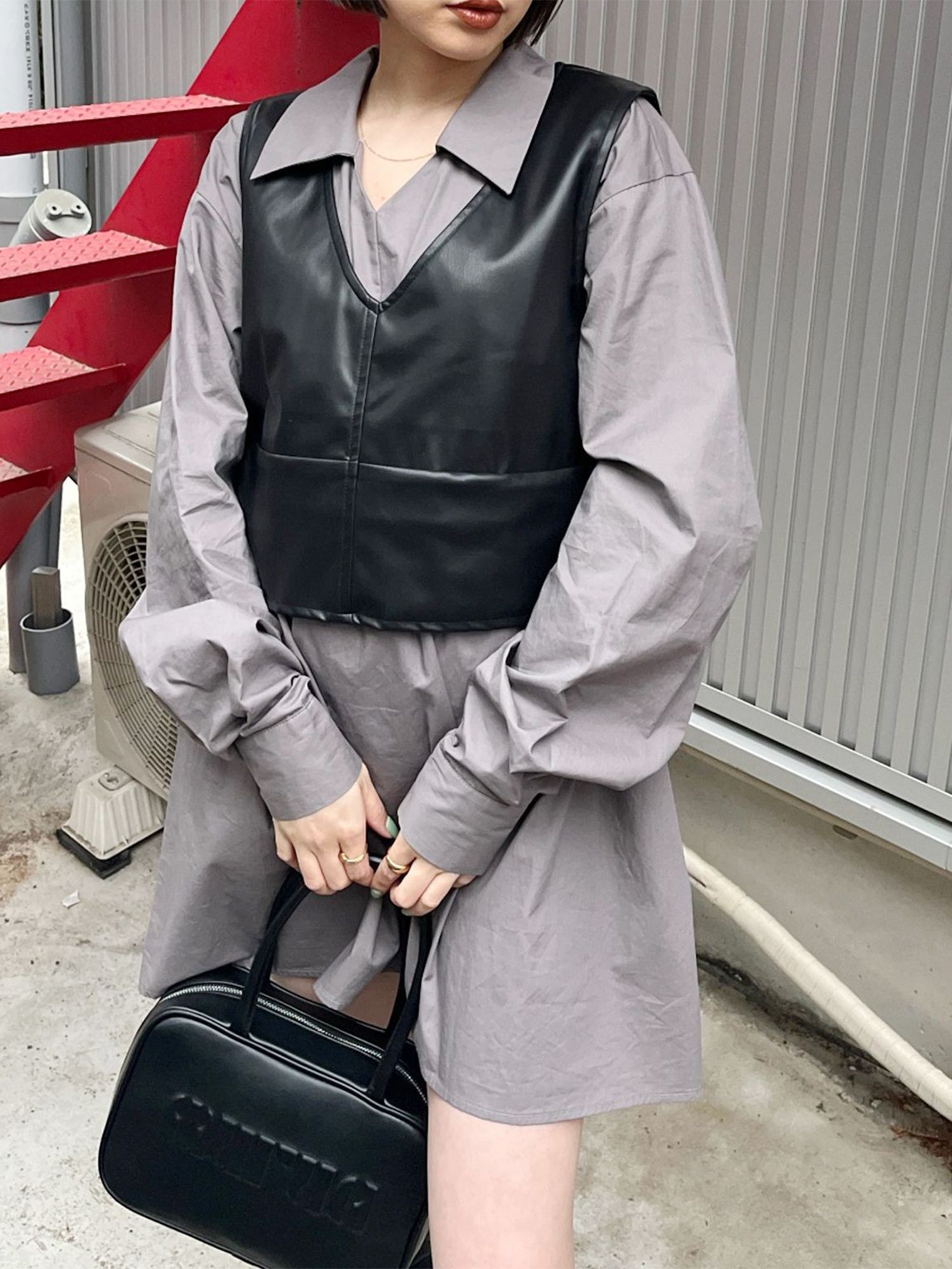フェイクレザーベスト×シャツワンピースSET[品番：MKSW0058994]｜MURUA 