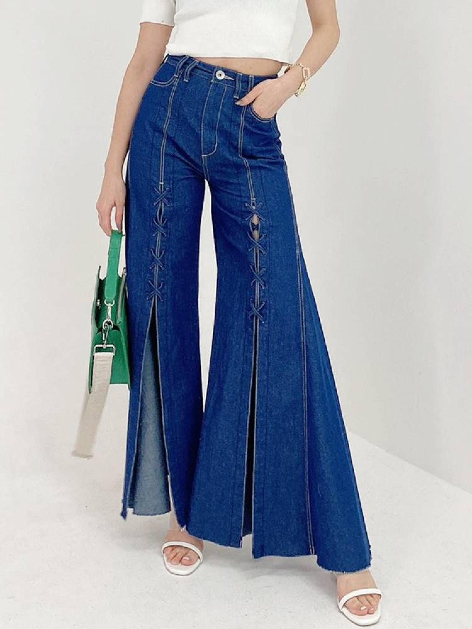 楽天市場】2color レディース デニムパンツ バックレースアップフレアパンツ ブラックデニム リボン レースアップ バックコンシャス ストレート パンツ ワイドパンツ フルレングス スリム ハイウエスト ジーンズ 黒 ブラック ブルー 春夏 春 夏 秋冬 秋 : MINETTE 