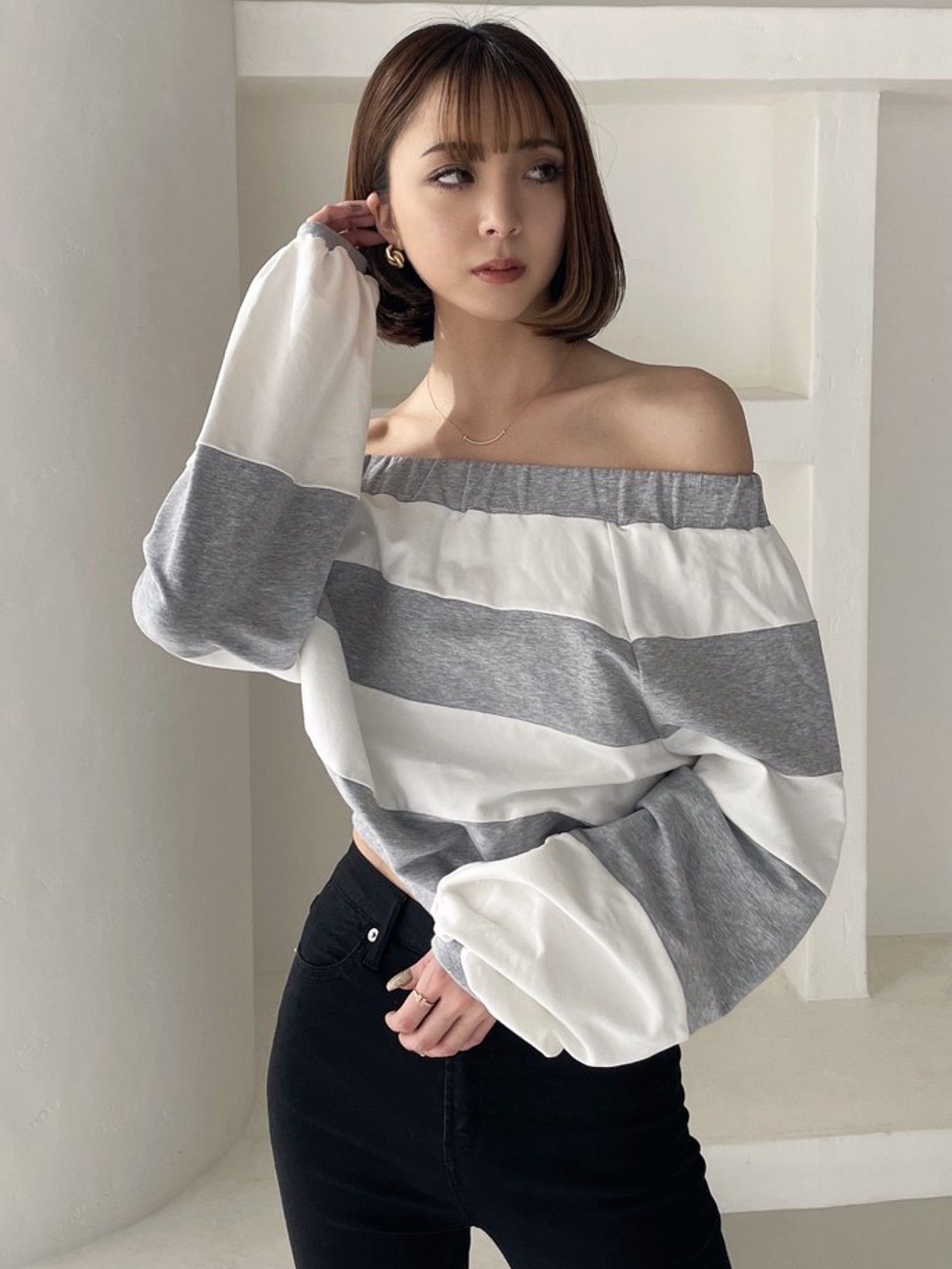 新作 オフショルボーダーバルーントップス 完売商品 Tシャツ/カットソー(七分/長袖)