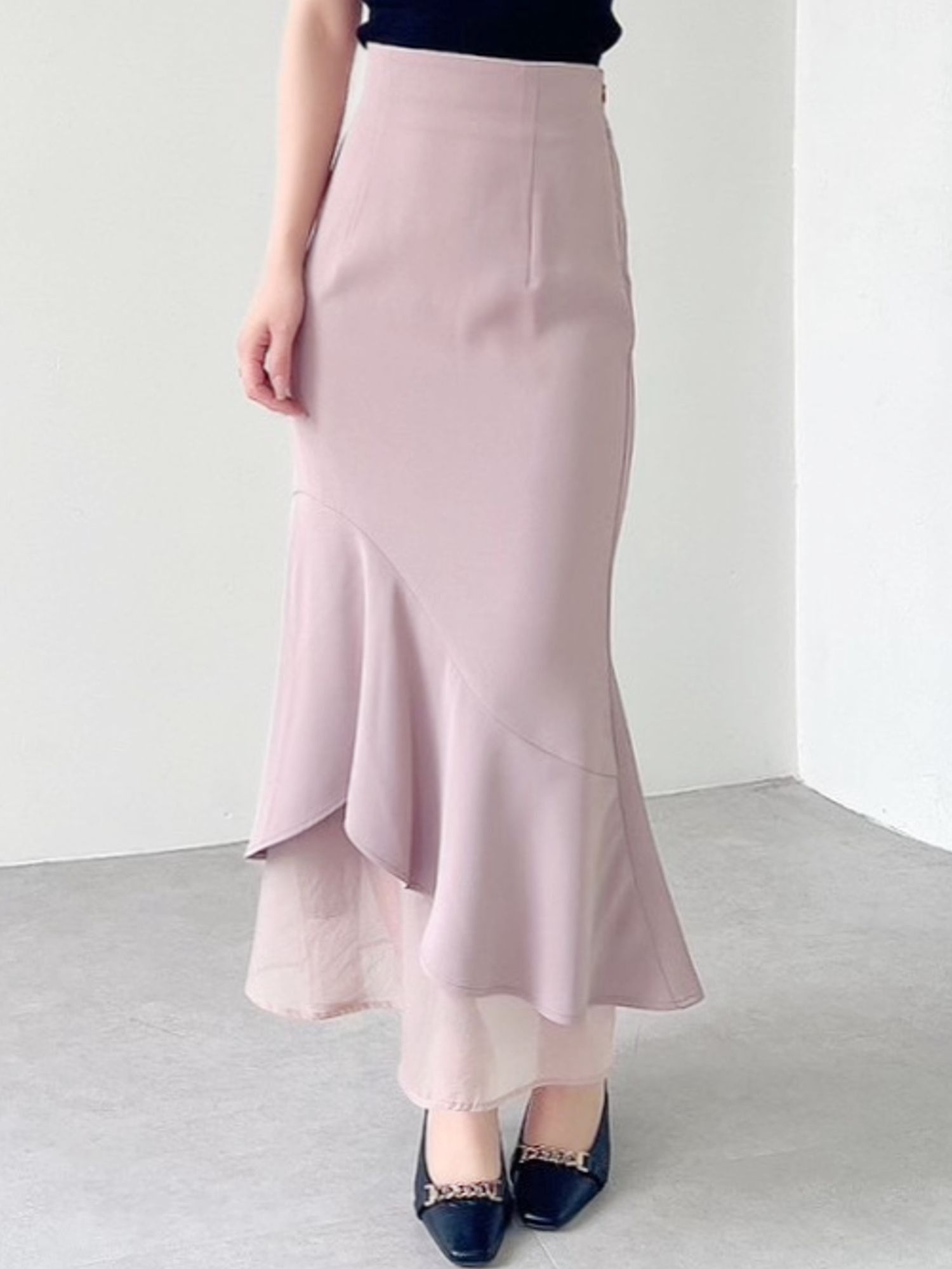 花柄レーススカートシフォンドレス　上下セット　日本製　シアー素材　ピンク