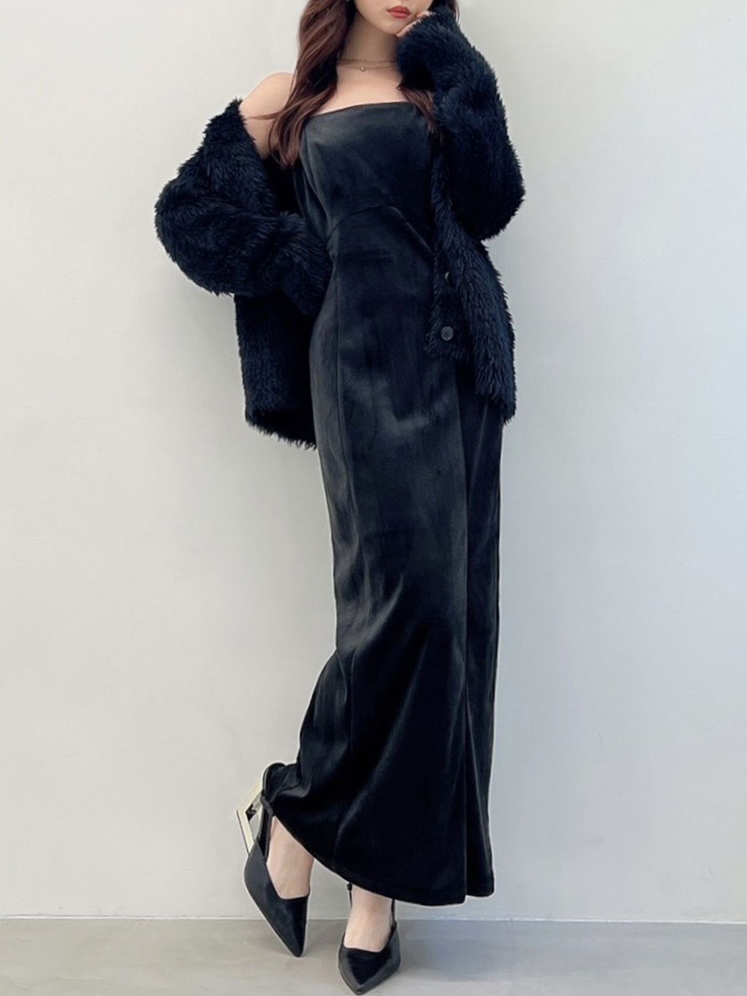 42cm身幅美品 キミジマ KIMIJIMA ベルベッド ワンピース カットソー ベロア