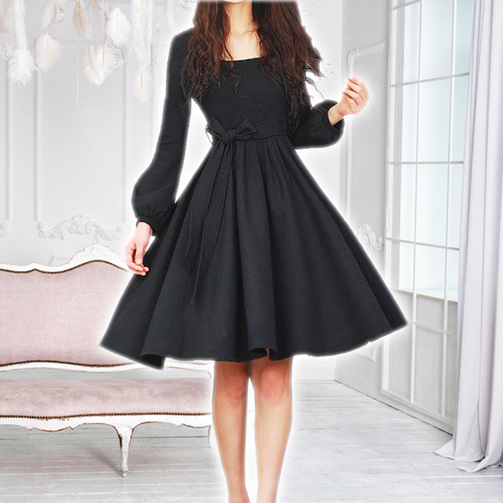 ランタンスリーブのボリュームフレアワンピース可愛い ドレス ワンピース ニット ロングミディ丈 ミモレ丈 リボン 小さいサイズ大きいサイズ 黒