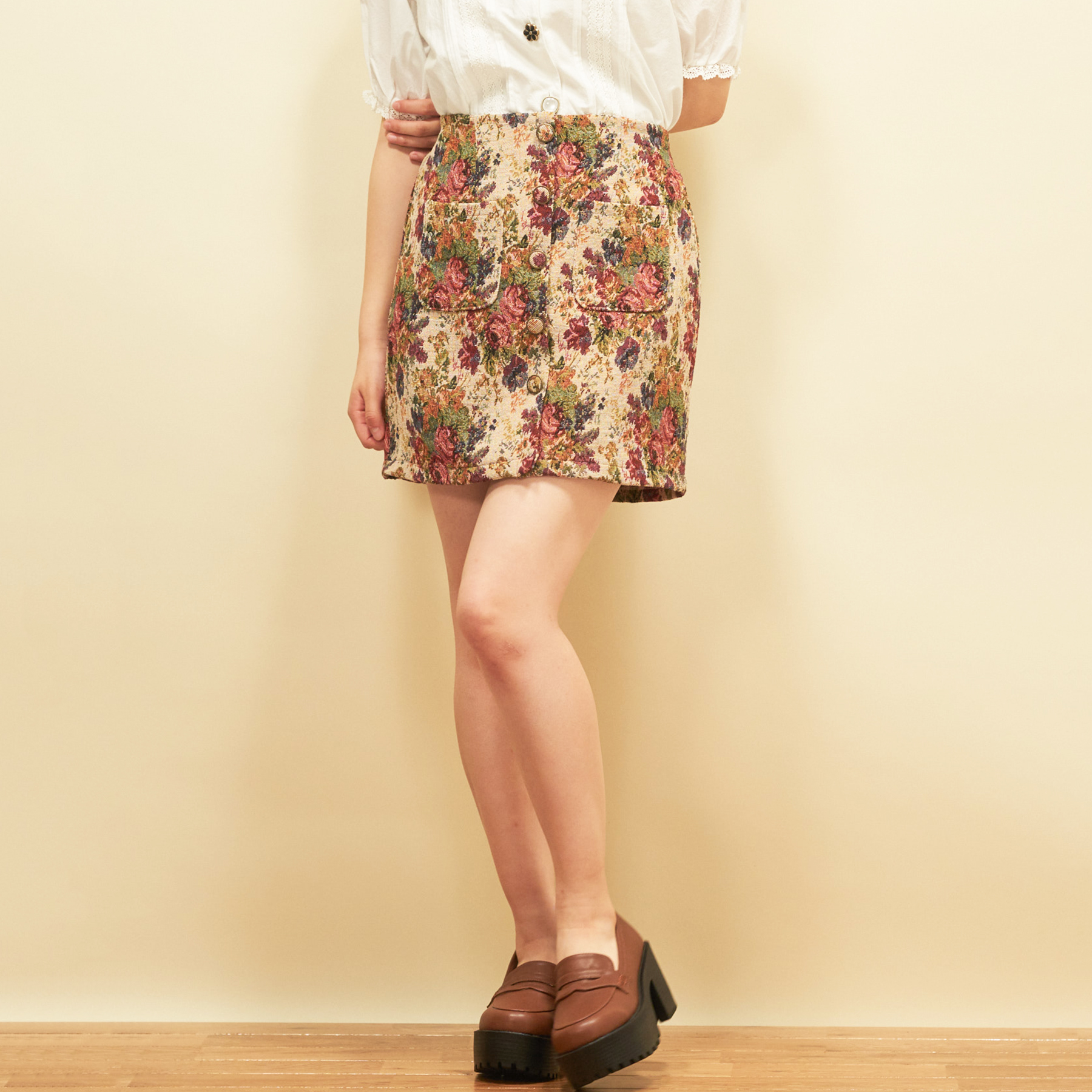 RETRO GIRL レトロガール ゴブラン織り 台形スカート 花柄 - スカート