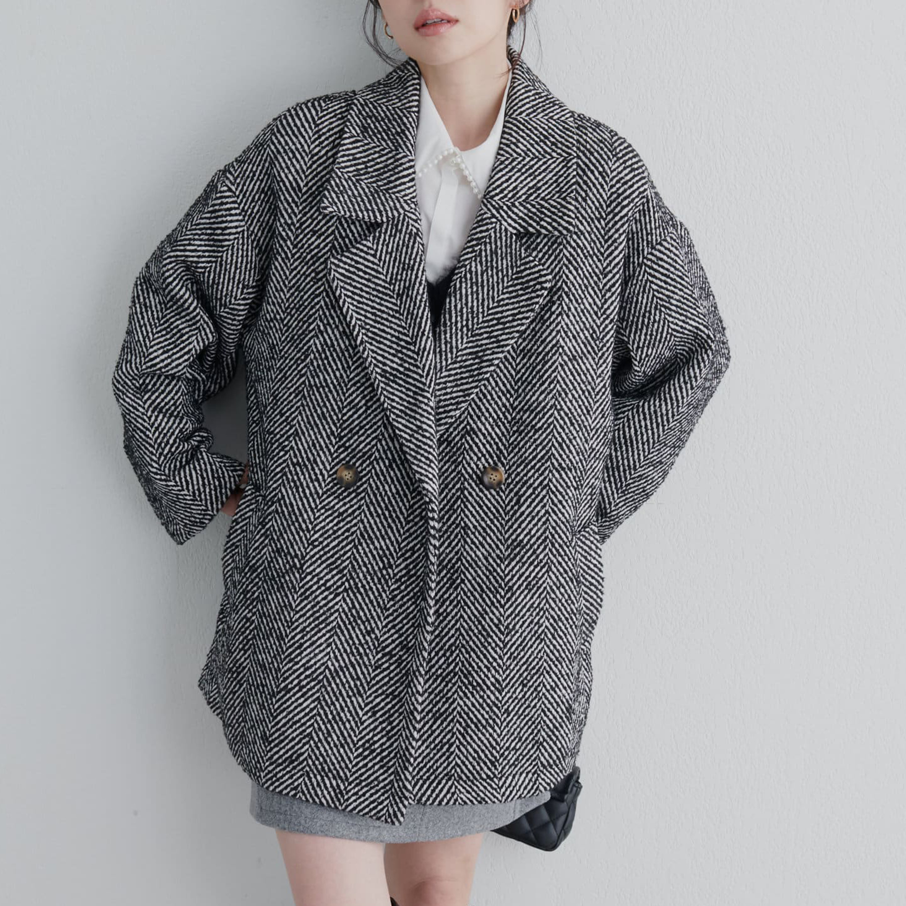 natural couture】ヘリンボーンミドル丈コート[品番：OLOW0012062 