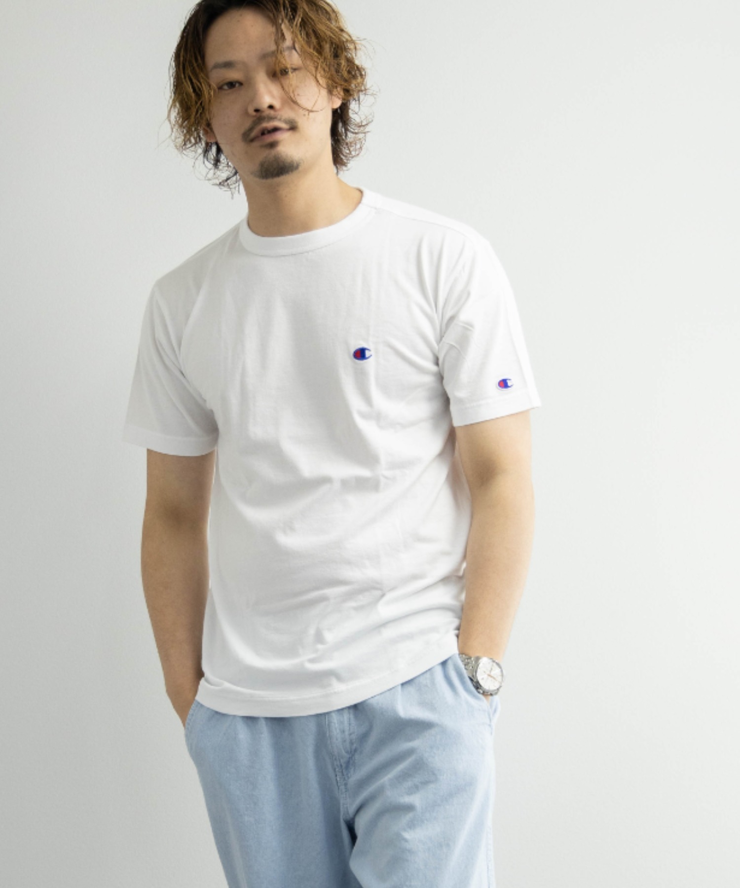 【イエロー】Champion C3-P300 ワンポイント クルーネック 半袖 T