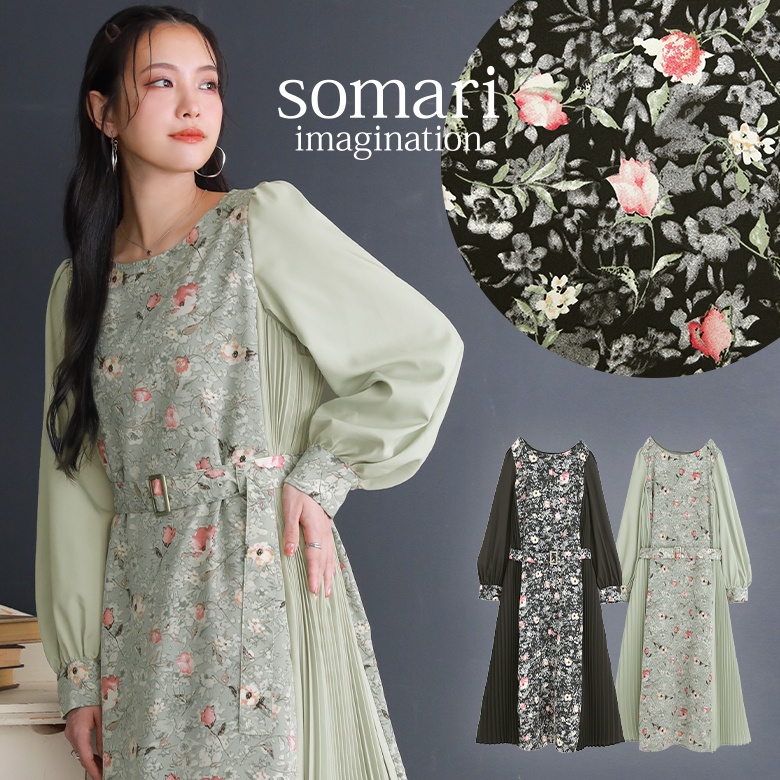 somari imagination花柄×プリーツ切替ワンピース[品番：MITW0016985]｜osharewalker（オシャレウォーカー  ）のレディースファッション通販｜SHOPLIST（ショップリスト）