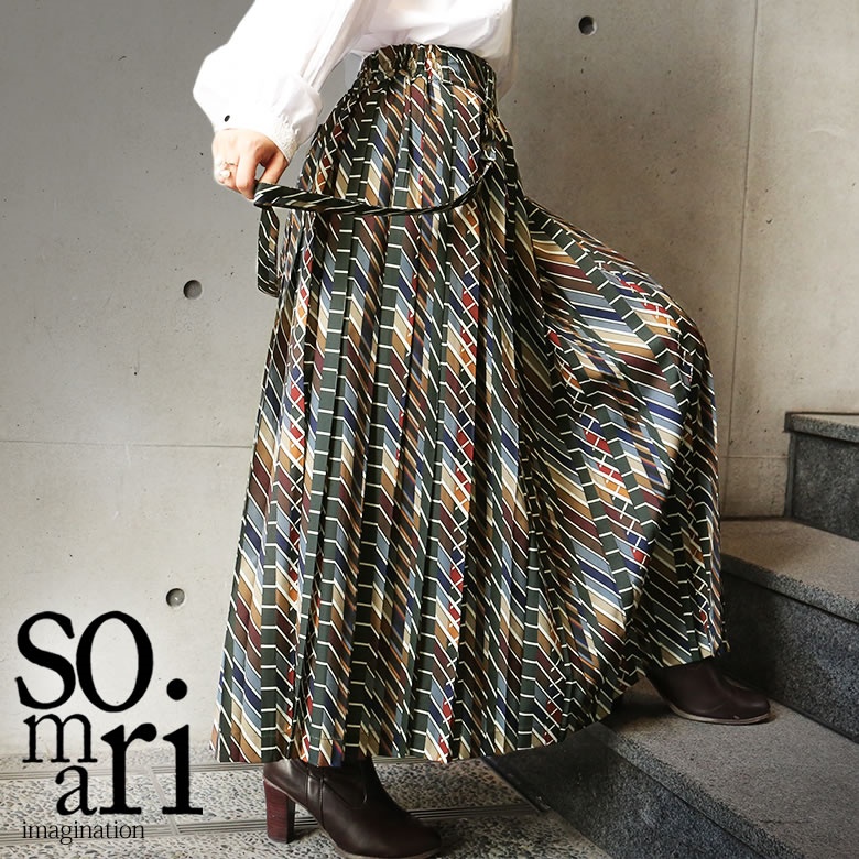 somari imaginationレトロ柄プリーツロングスカート[品番：MITW0013229 