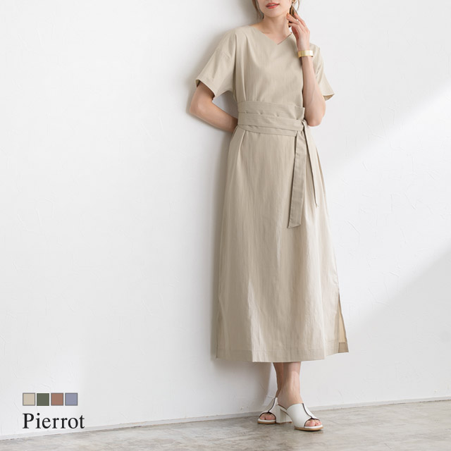 リネン風サッシュベルト付きワンピース ワンピース ロング リネン風  ベルト付き[品番：PRTW0002352]｜Pierrot（ピエロ）のレディースファッション通販｜SHOPLIST（ショップリスト）