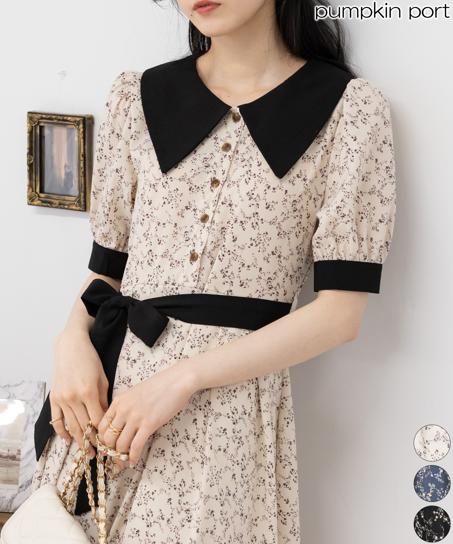 花柄 レトロ クレリックデザイン ウエストリボンベルト付 ワンピース  