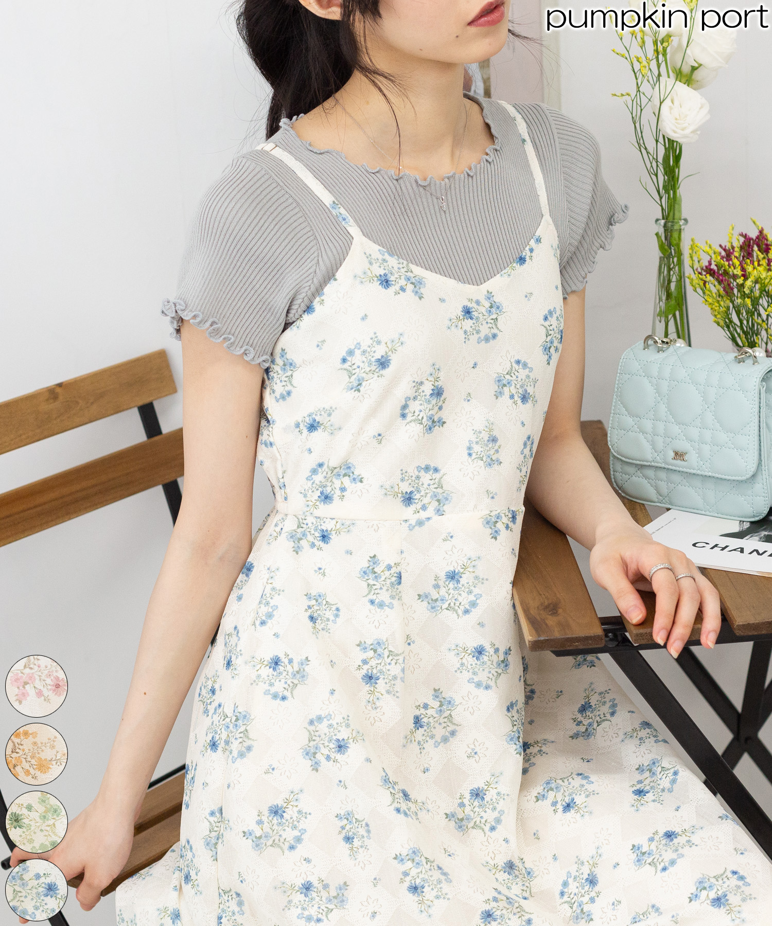 iki キャミワンピースミディ丈ウエストサイドリボン花柄リゾートF