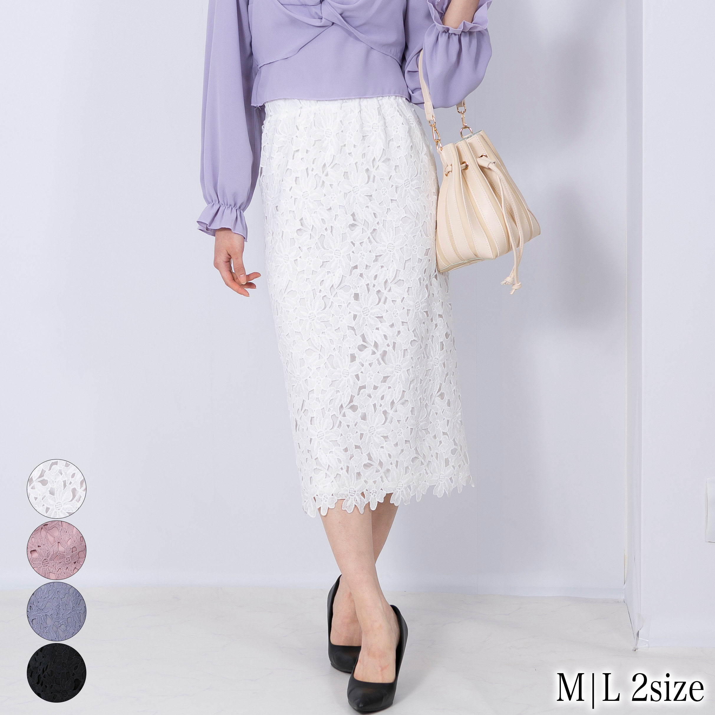 M/L2サイズ フラワーモチーフレース ナロータイトスカート[品番