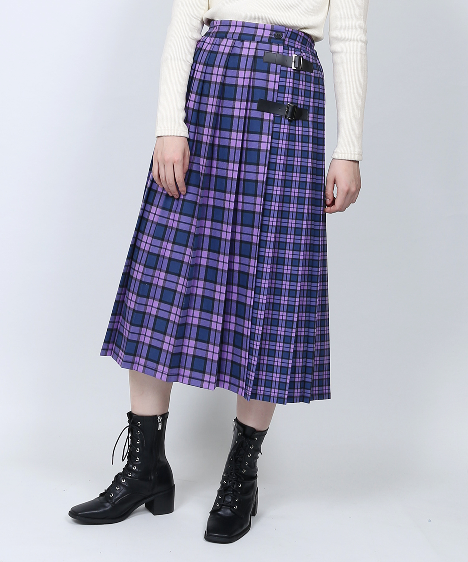 PUNYUS チェック柄プリーツスカート 紫 パープル 大きいサイズ サイズ4
