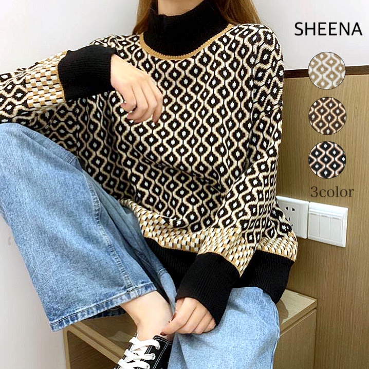 ダイヤ柄ミドルネックニットトップス 韓国 秋[品番：SHNW0004115]｜SHEENA  （シーナ）のレディースファッション通販｜SHOPLIST（ショップリスト）