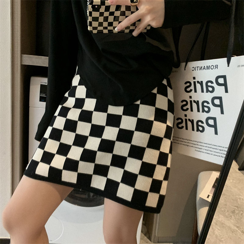 ブロックチェック柄ニットスカート 韓国ファッション ミニスカート 