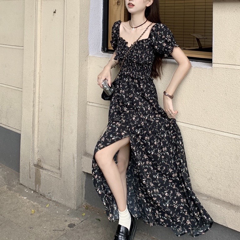 【ブラック】花柄ワンピース 韓国ファッション オフィスカジュアル 