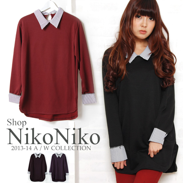 ストライプシャツ襟付き ニットワンピースバイカラー 切り替えデザイン 品番 Mg Shopnikoniko ショップニコニコ のレディースファッション通販 Shoplist ショップリスト