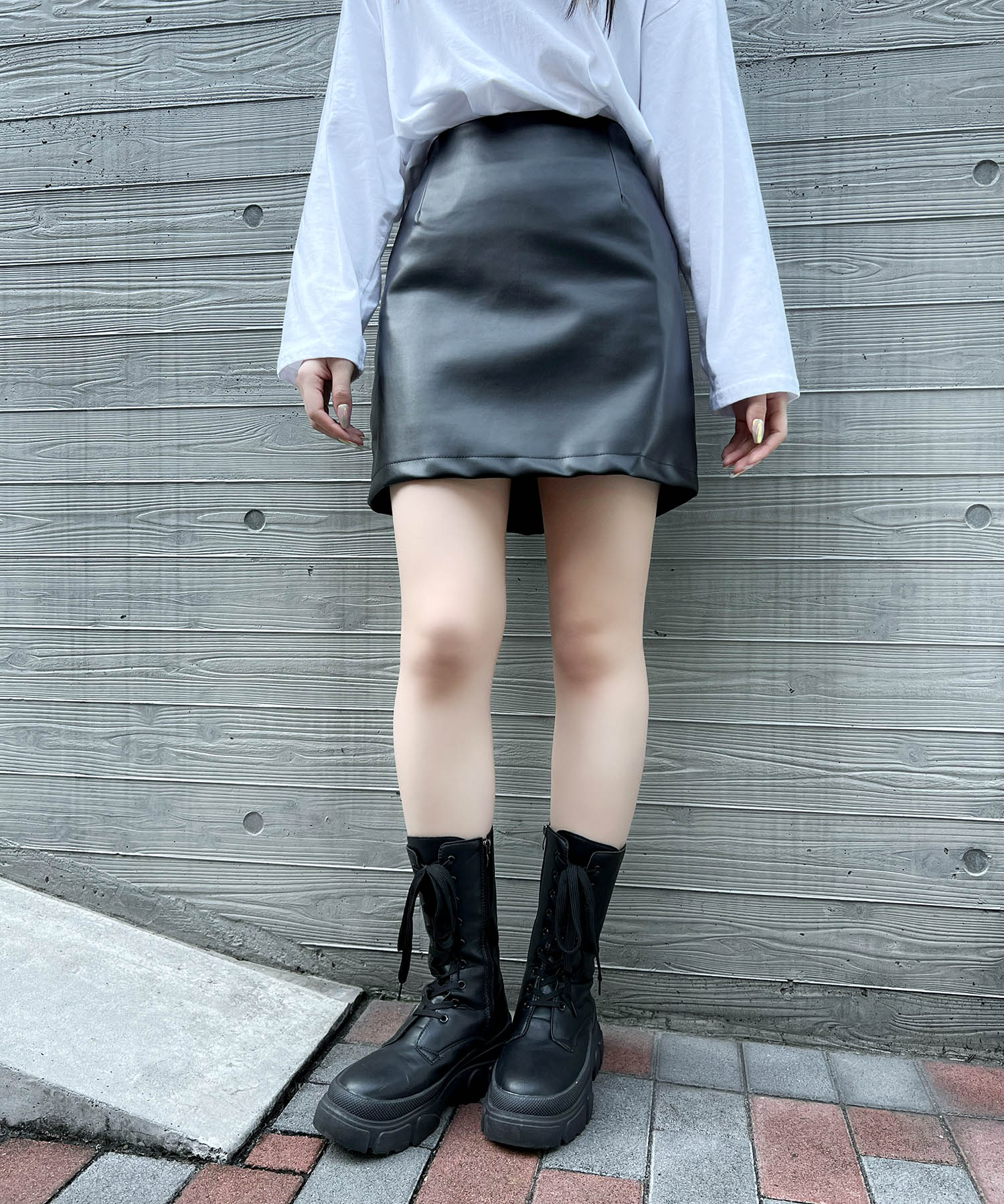 韓国 台形スカート レザー - スカート